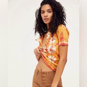 We The Free Orange and White Tie-Dye Ribbed Button Down Short Sleeve w Stretch